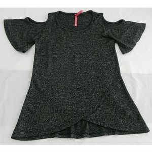 Cute 4 U Girls Top Sz 10-12 Short Sleeve Cold Shoulder Black Scoop Neck Stretch